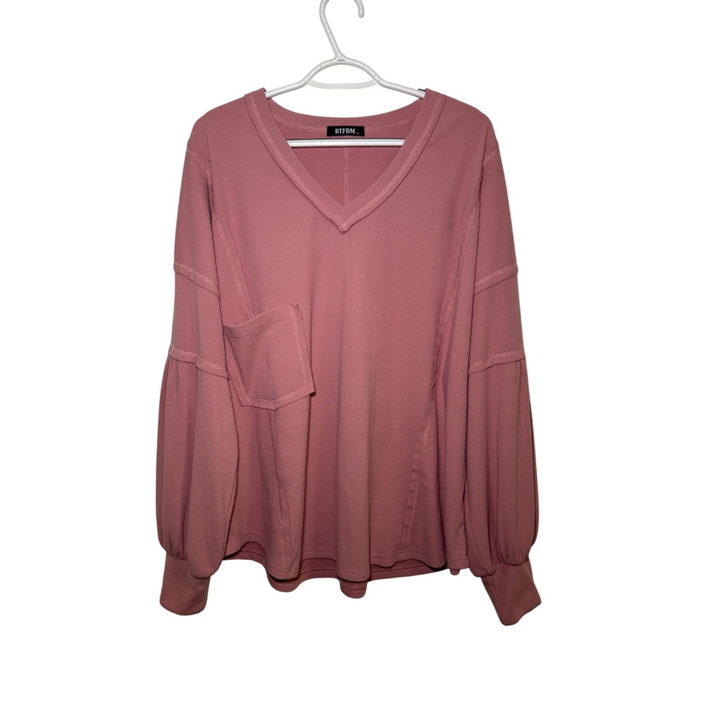 BTFBM‎ Pink Ribbed Balloon Sleeve V Neck Oversized Pocket Sweater Womens XL